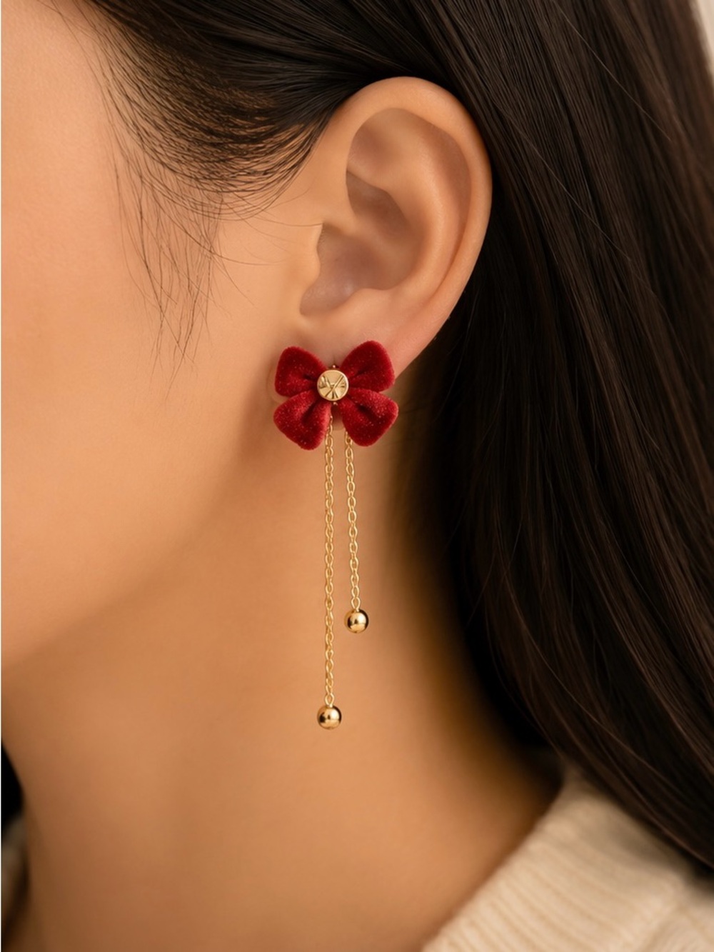 Red Velvet Flower Chain Drop Earrings